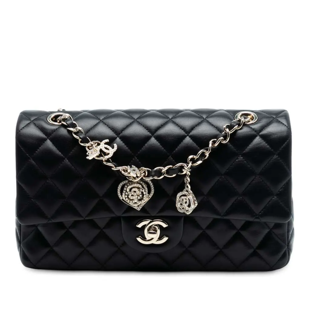 Chanel Medium Classic Lambskin Valentines Heart Charms Single Flap Black Leather Good - Front View