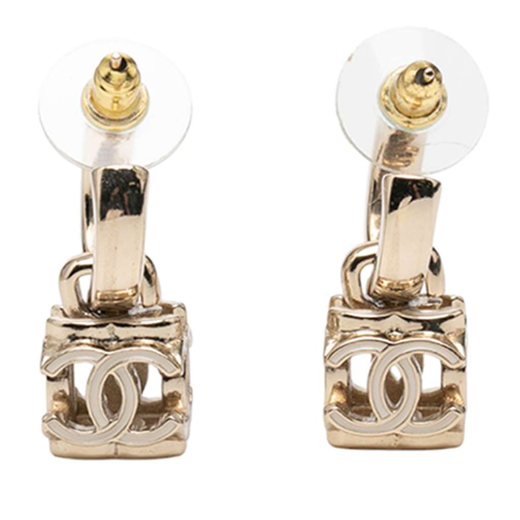 Chanel CC Gold Plated Enamel Cube Drop Hoop Push Back Earrings - 2