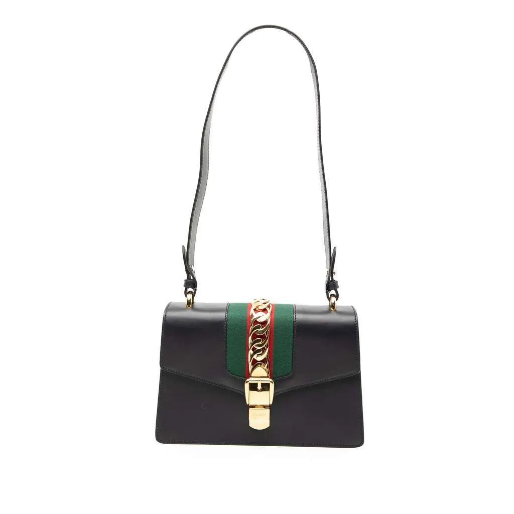 Gucci Small Leather Web Sylvie Satchel Black Leather Good - Front View