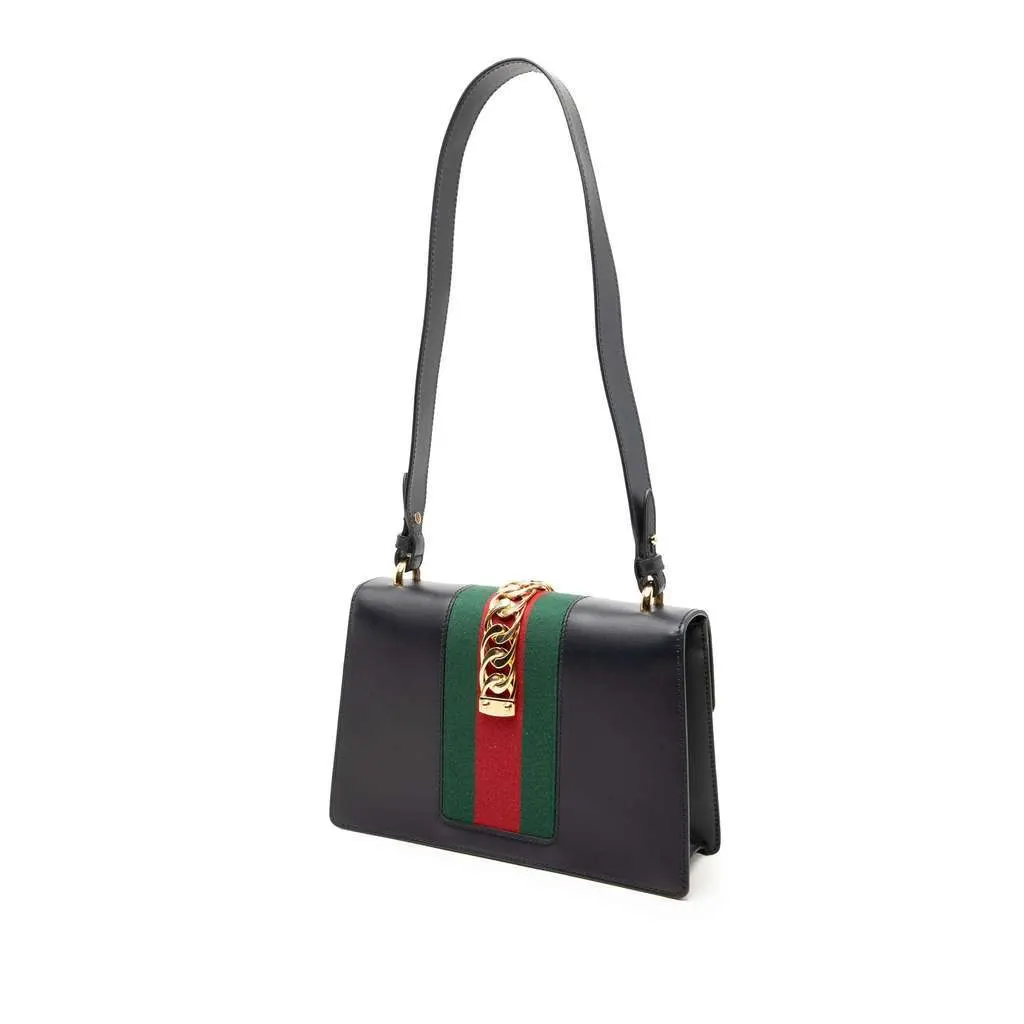 Gucci Small Leather Web Sylvie Satchel Black Leather Good - Back View