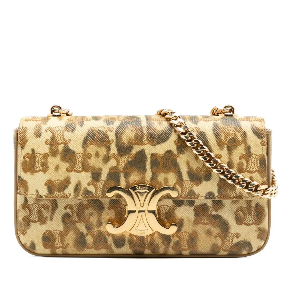 Celine Calfskin Leopard Print Claude Chain Shoulder Bag Brown Leather Very good - Front View