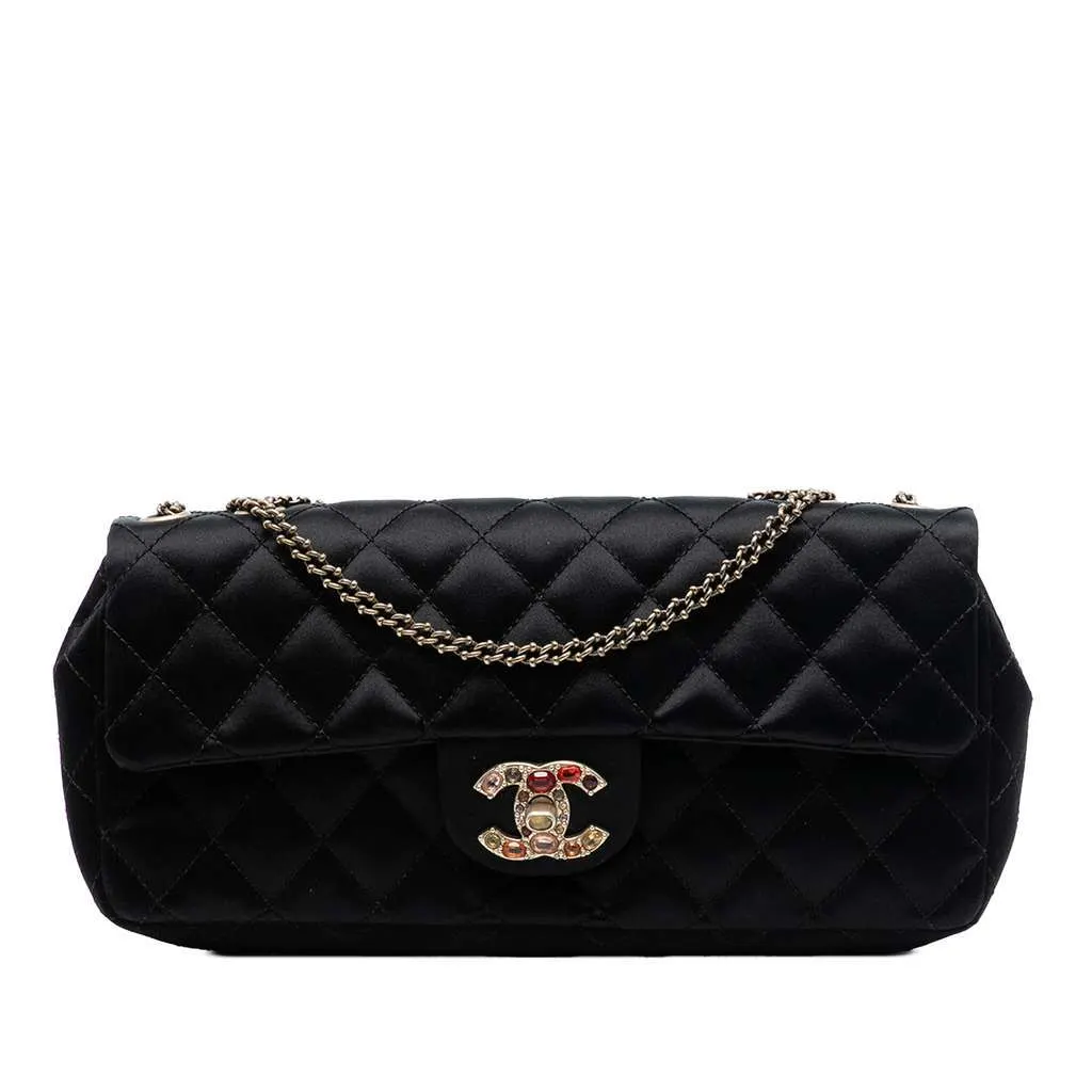 Chanel Quilted Satin Precious Jewel East West Flap Black Satin Very good - Front View