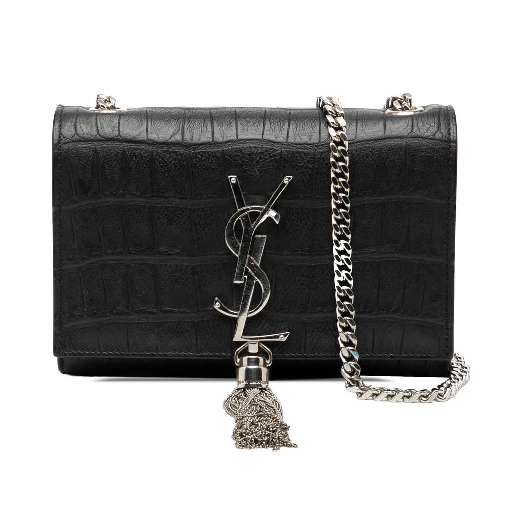 Saint Laurent Small Croc Embossed Leather Monogram Kate Tassel Crossbody