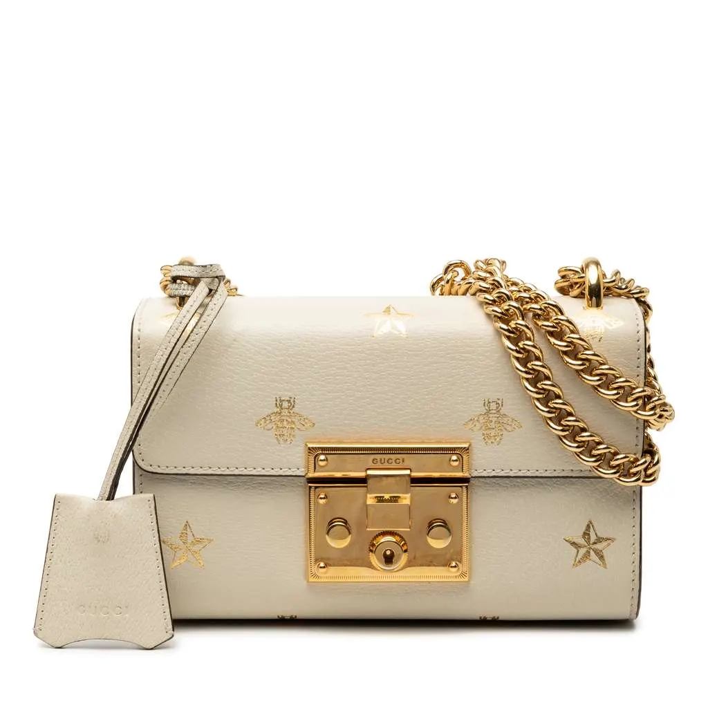 Gucci Small Leather Bee Star Padlock Crossbody White Leather Very good - Front View