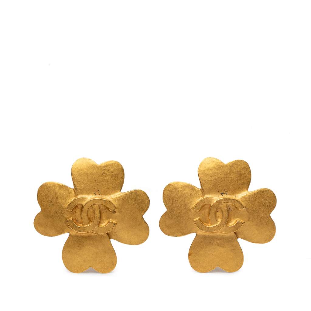 Chanel CC Gold Plated Clover Clip On Earrings