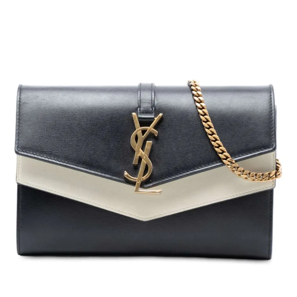 Saint Laurent Bicolor Leather Monogram Sulpice Wallet on Chain Black Leather Good - Front View