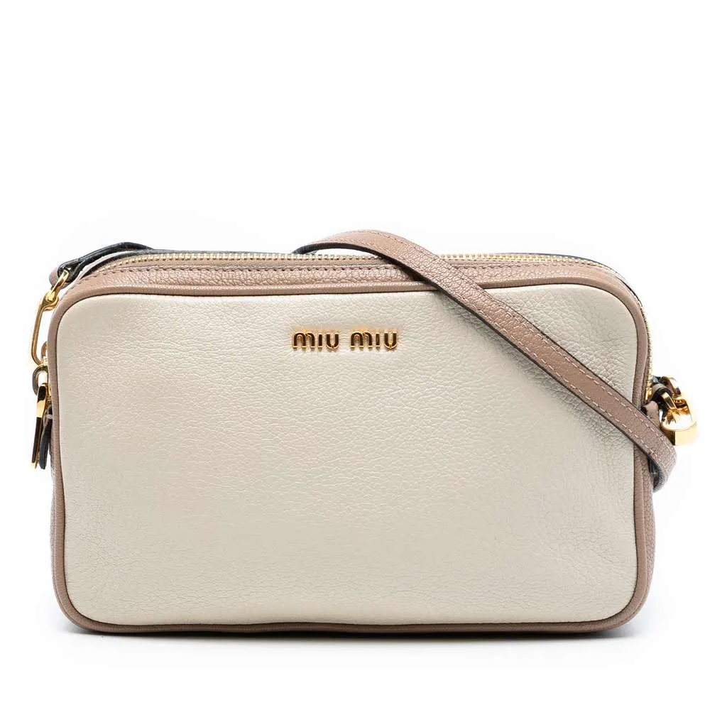 Miu Miu Bicolor Madras Double Zip Camera Bag Brown Leather Good - Front View