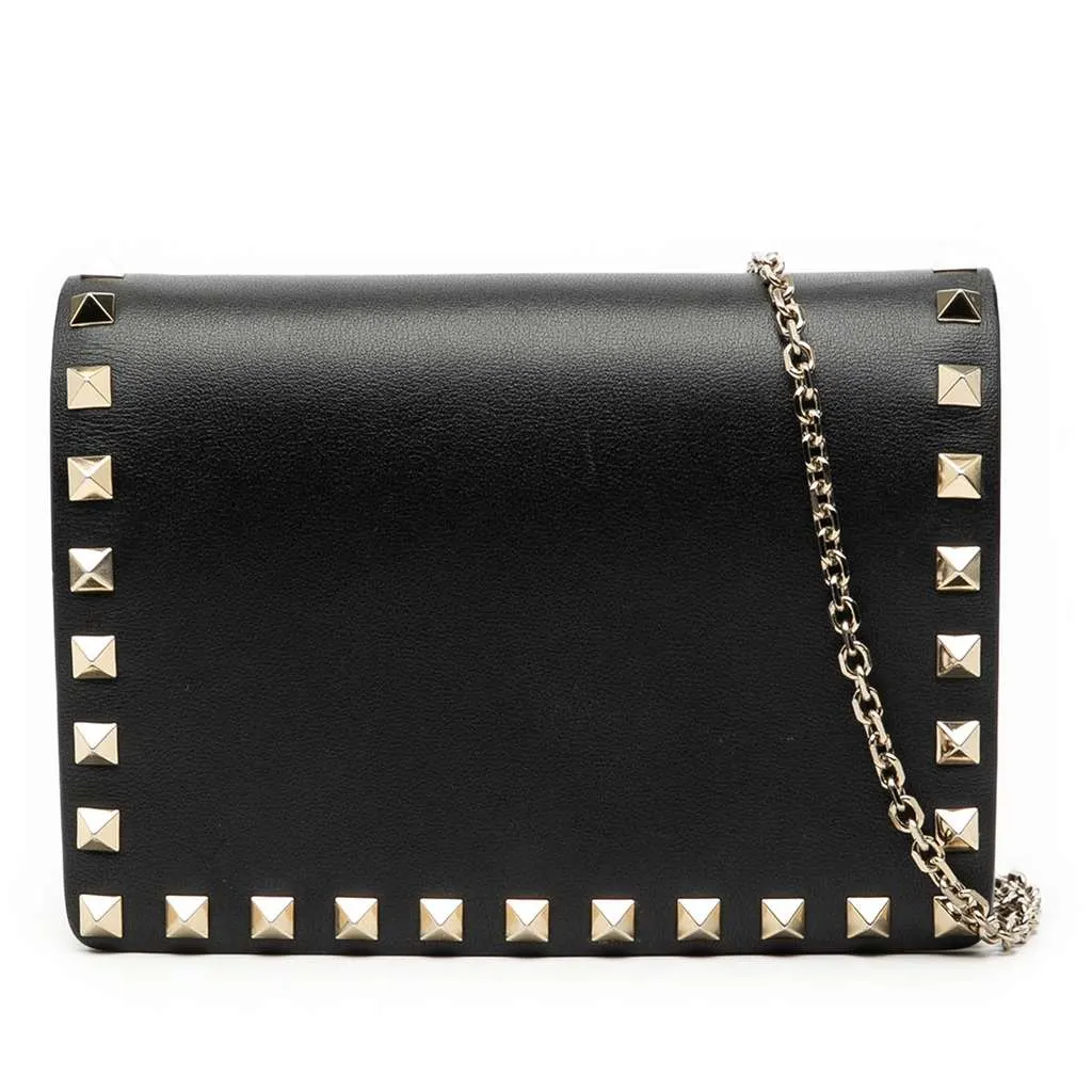 Valentino Leather Rockstud Chain Pouch Black Leather Good - Front View