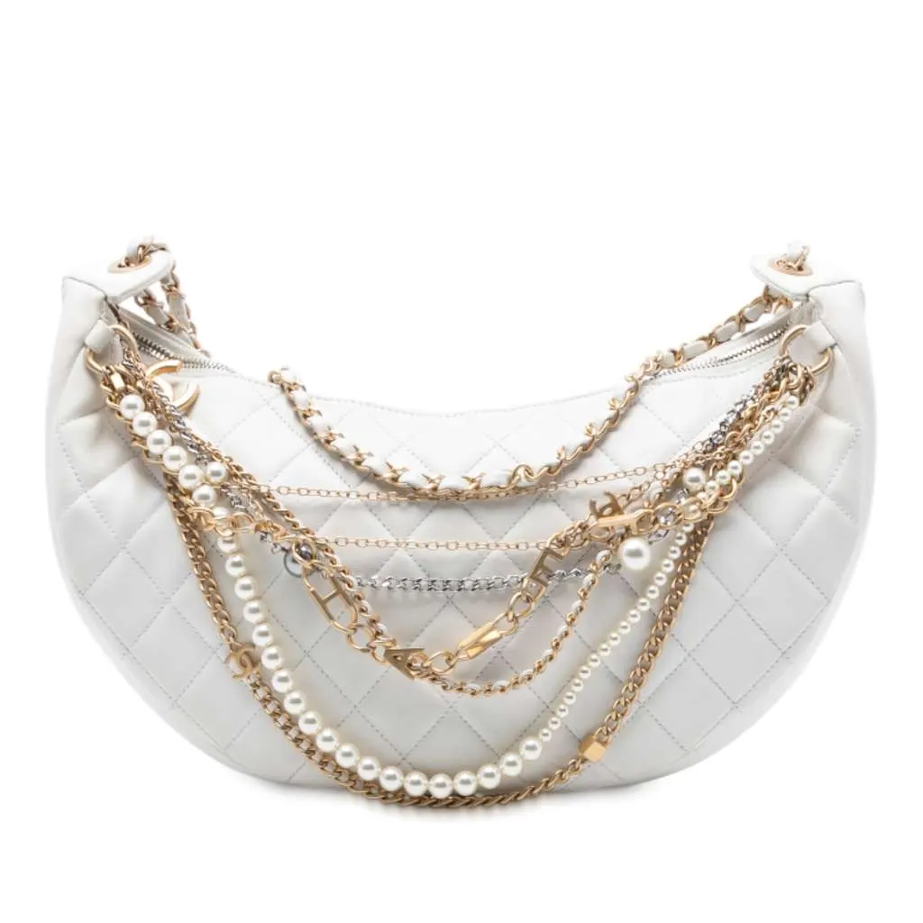 Chanel Quilted Lambskin All About Chains Hobo White Leather Very good - Front View