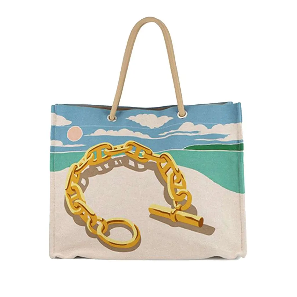Hermès Toile Escale a la Plage Beach Bag Brown Canvas Never worn - Front View