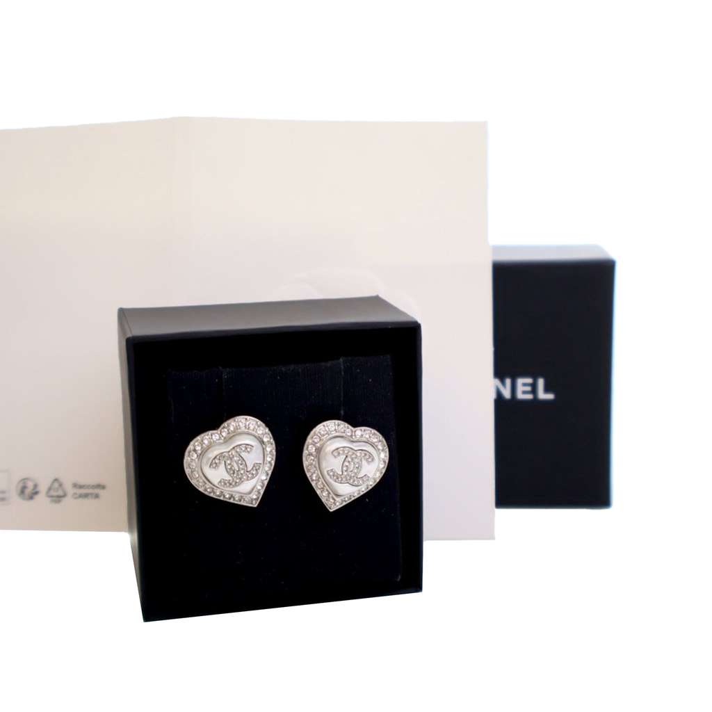 Chanel Silver Plated Faux Pearl Crystal CC Heart Push Back Earrings - 3