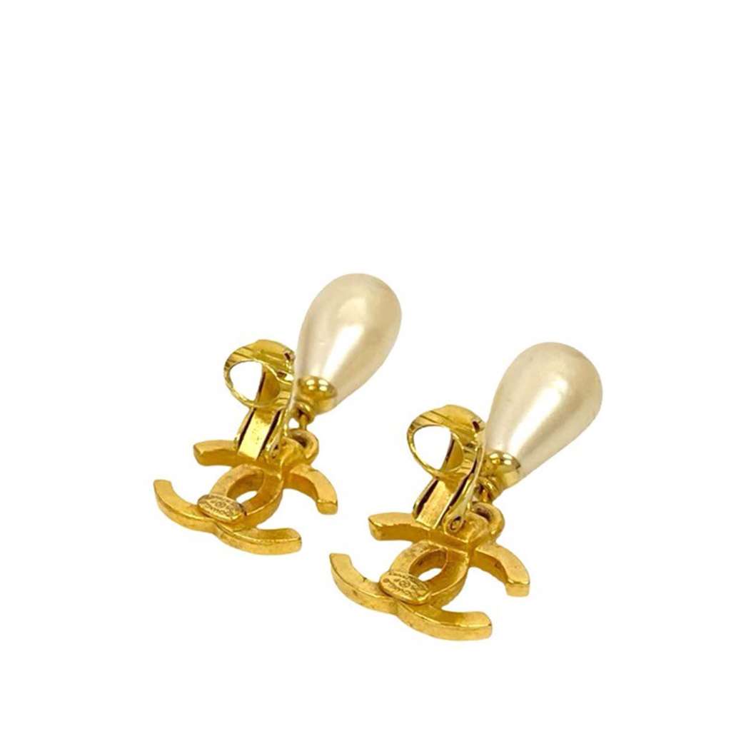 Chanel CC Gold Plated Faux Pearl Drop Clip On Earrings - 3