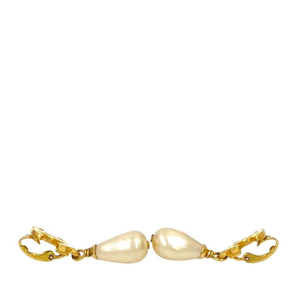 Chanel CC Gold Plated Faux Pearl Drop Clip On Earrings - 4