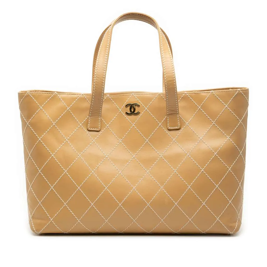 Chanel Large CC Calfskin Wild Stitch Tote Brown Leather Good - Front View