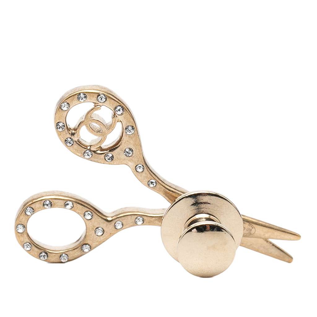 Chanel CC Gold Plated Strass Scissors Brooch Pin - 2