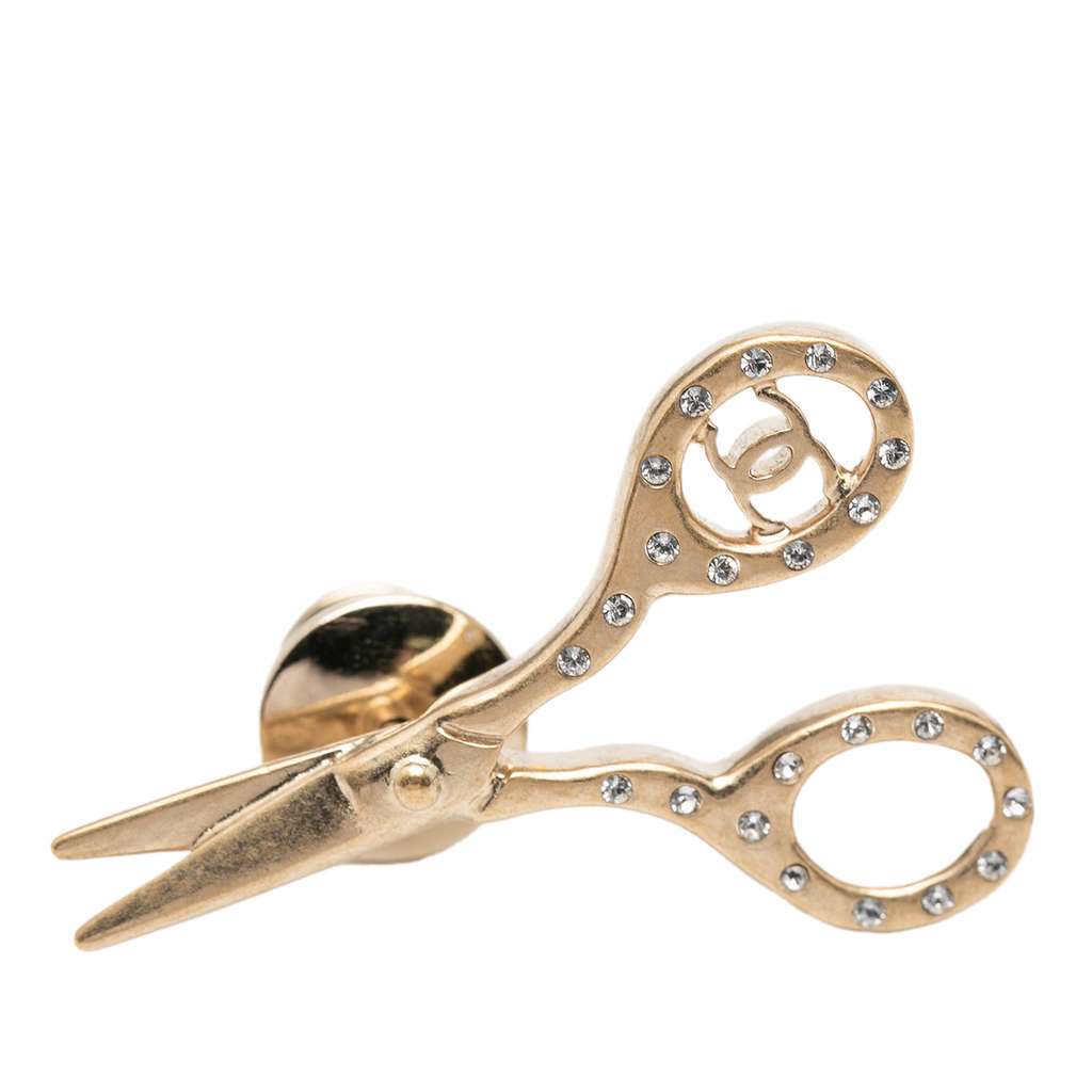 Chanel CC Gold Plated Strass Scissors Brooch Pin - 4