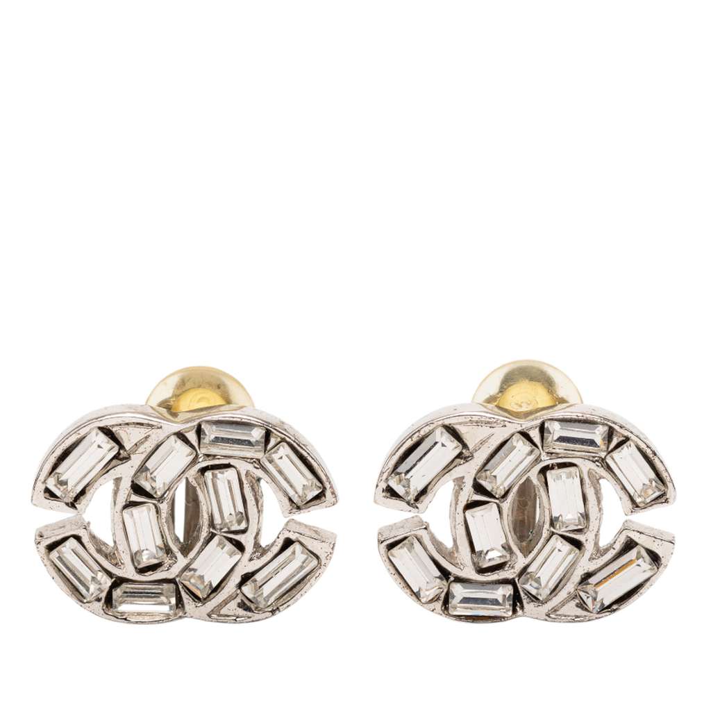 Chanel CC Silver Plated Rhinestone Clip On Earrings