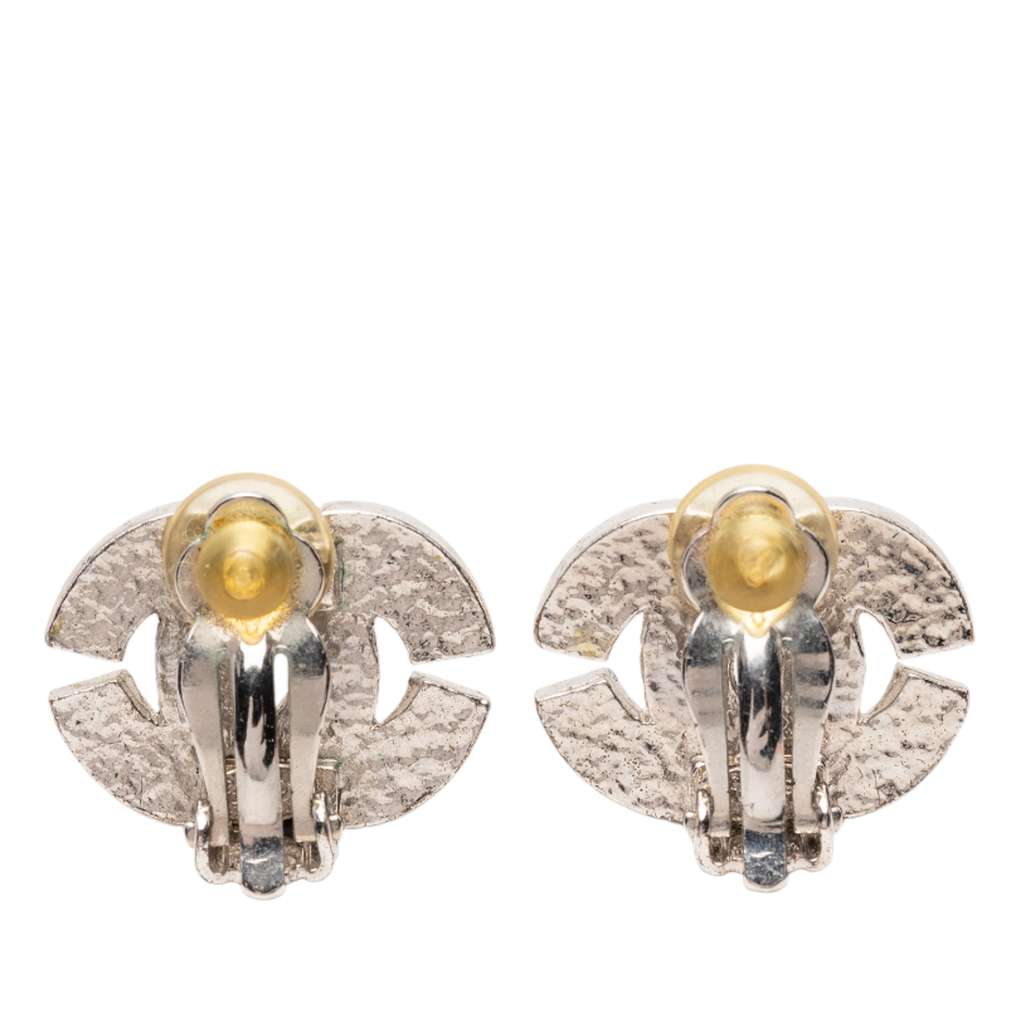 Chanel CC Silver Plated Rhinestone Clip On Earrings - 2