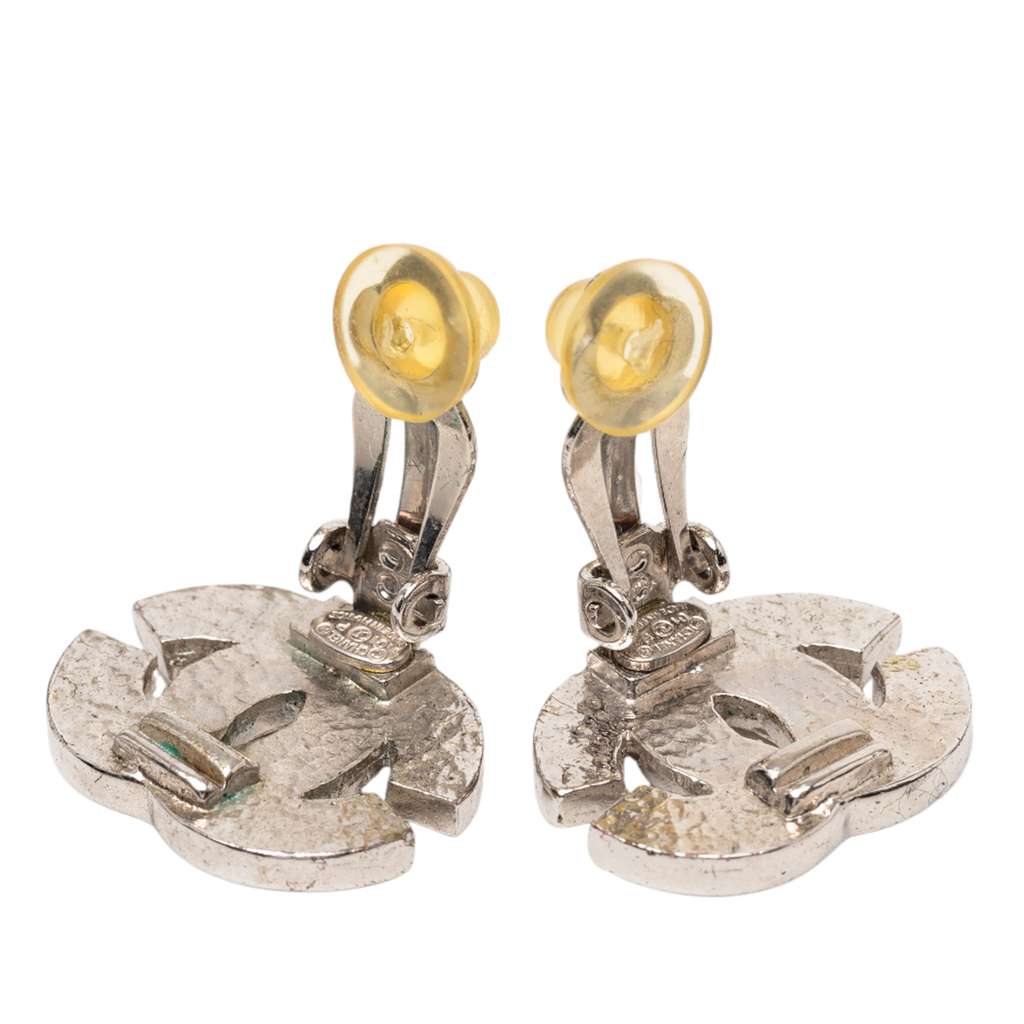Chanel CC Silver Plated Rhinestone Clip On Earrings - 3