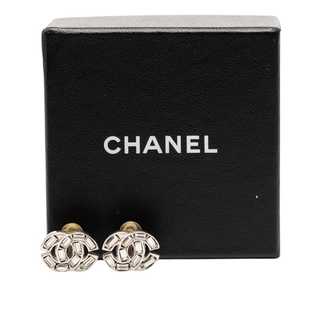 Chanel CC Silver Plated Rhinestone Clip On Earrings - 5