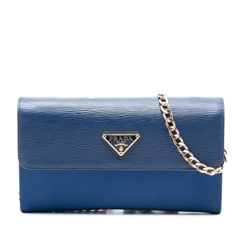 Prada Vitello Move and Tessuto Wallet On Chain Blue Very good - Front View