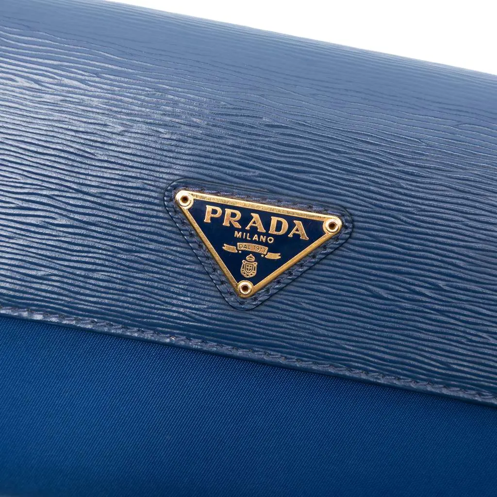 Prada Vitello Move and Tessuto Wallet On Chain Blue Very good - Box View