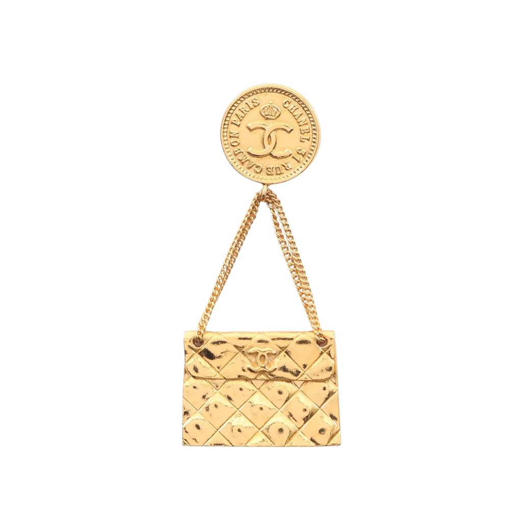 Chanel CC Gold Plated Quilted Flap Bag Medallion Brooch