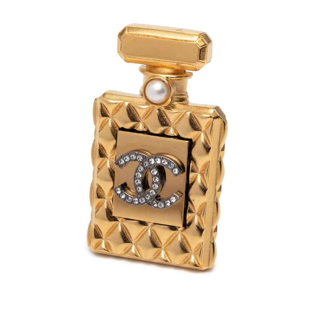 Chanel Gold Plated Faux Pearl Rhinestone CC Perfume Bottle Brooch