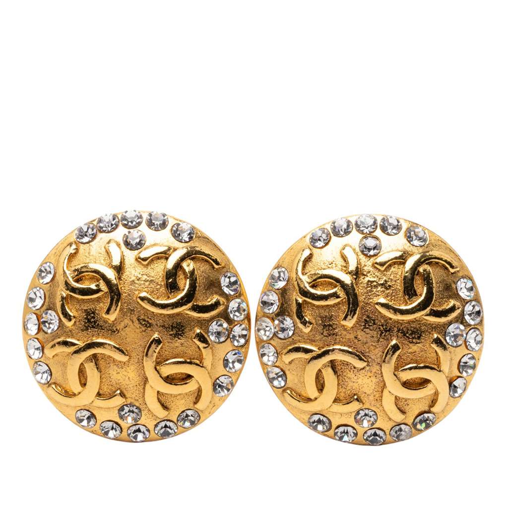 Chanel Gold Plated CC Crystal Round Clip On Earrings