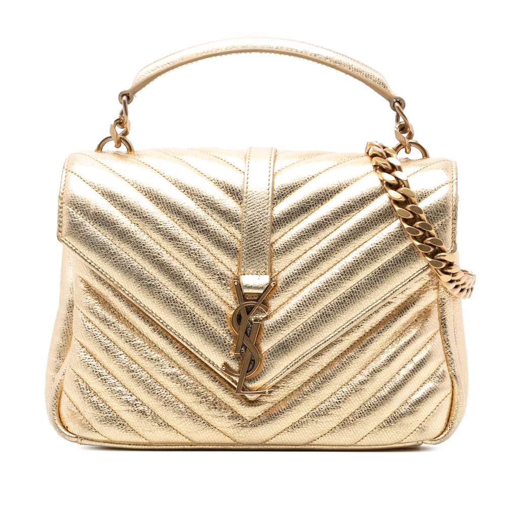Saint Laurent Medium Metallic Calfskin Chevron Monogram College Bag