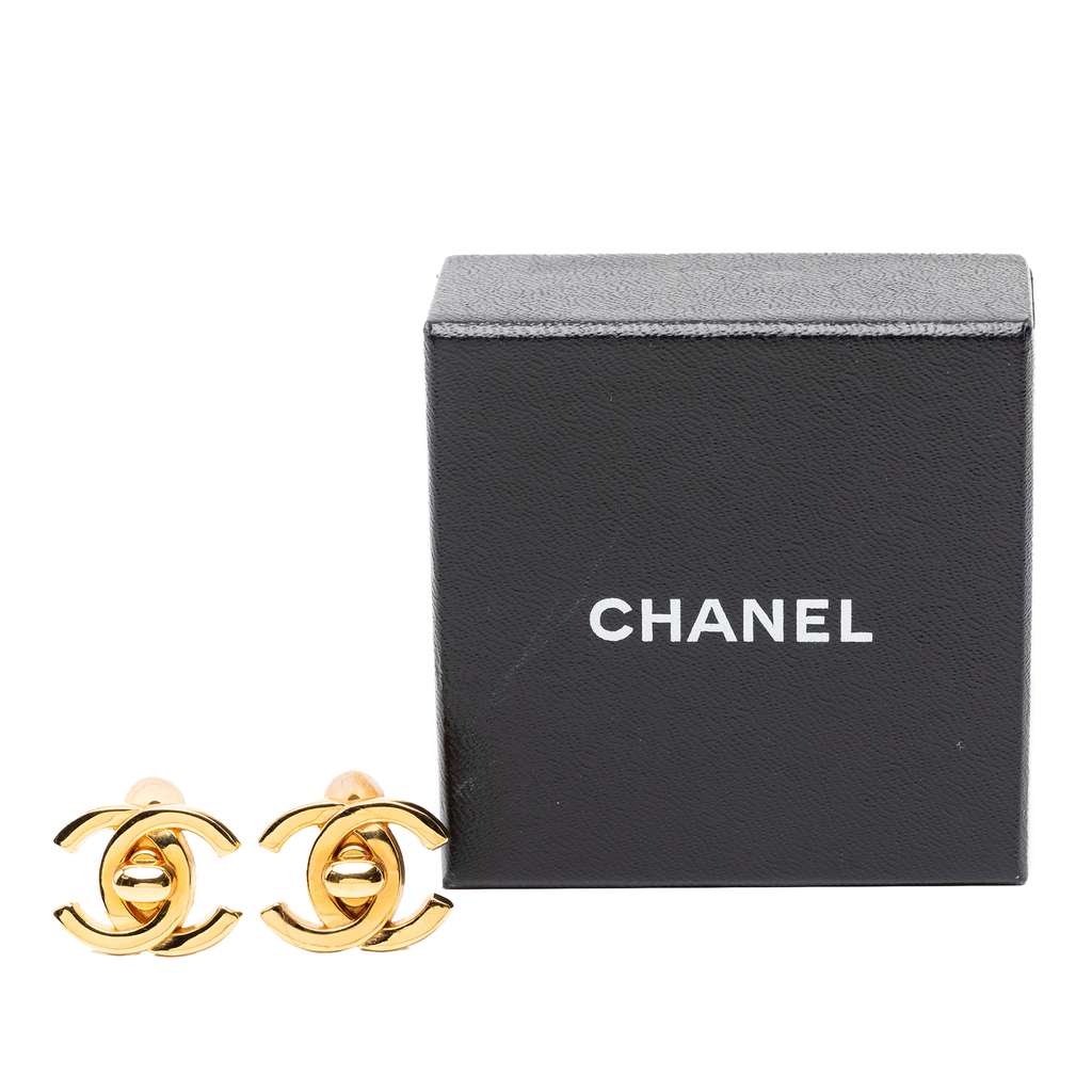 Chanel Gold Plated CC Turn Lock Clip on Earrings - 4