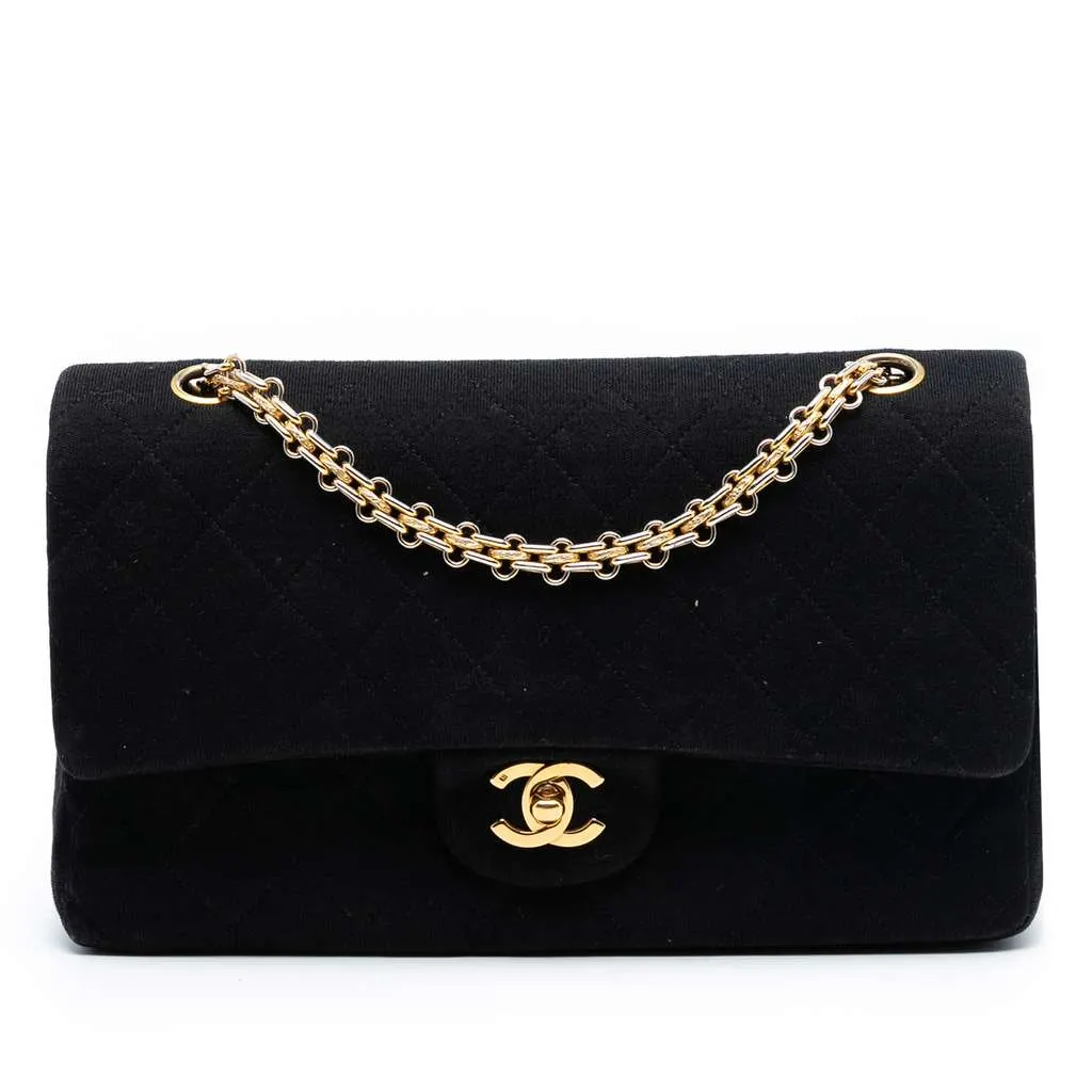 Chanel Medium Classic Jersey Bijoux Chain Double Flap Black Cotton Very good - Front View