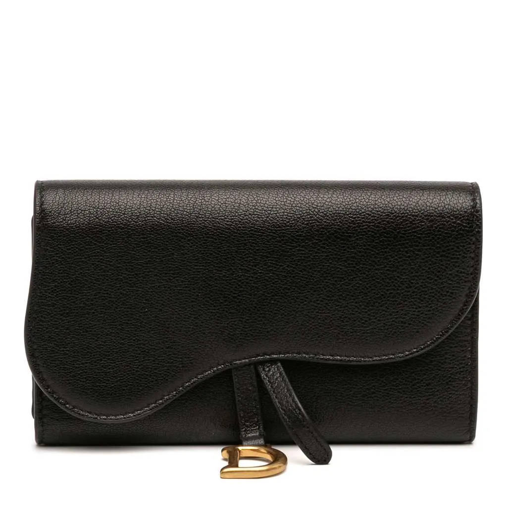 Dior Goatskin Saddle Long Wallet Black Leather Very good - Front View