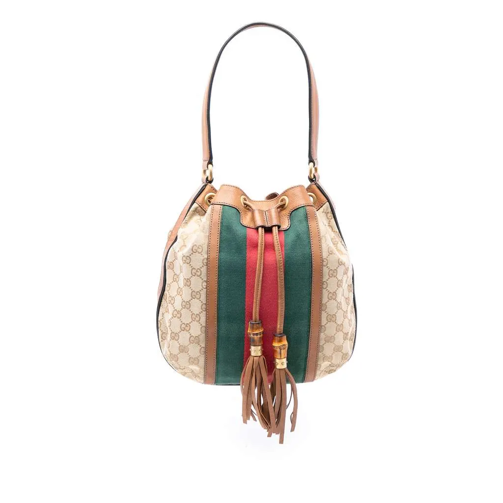 Gucci GG Canvas Web Rania Drawstring Hobo Brown Canvas Very good - Front View
