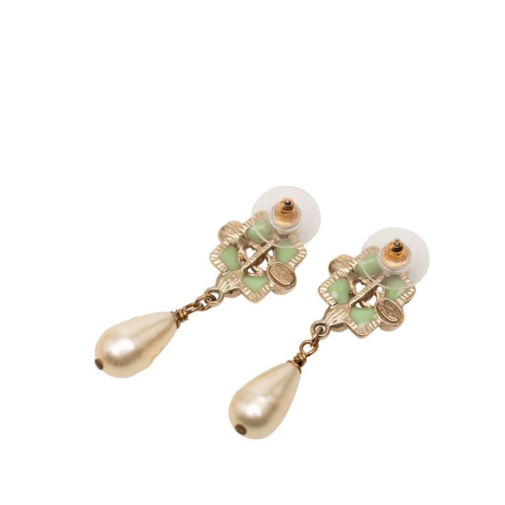 Chanel Gold Plated CC Faux Pearl Resin Push Back Earrings - 2