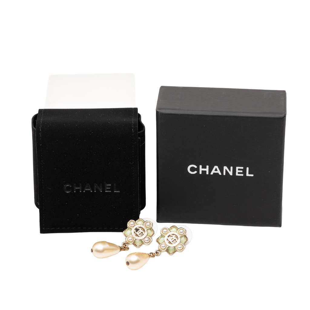 Chanel Gold Plated CC Faux Pearl Resin Push Back Earrings - 4