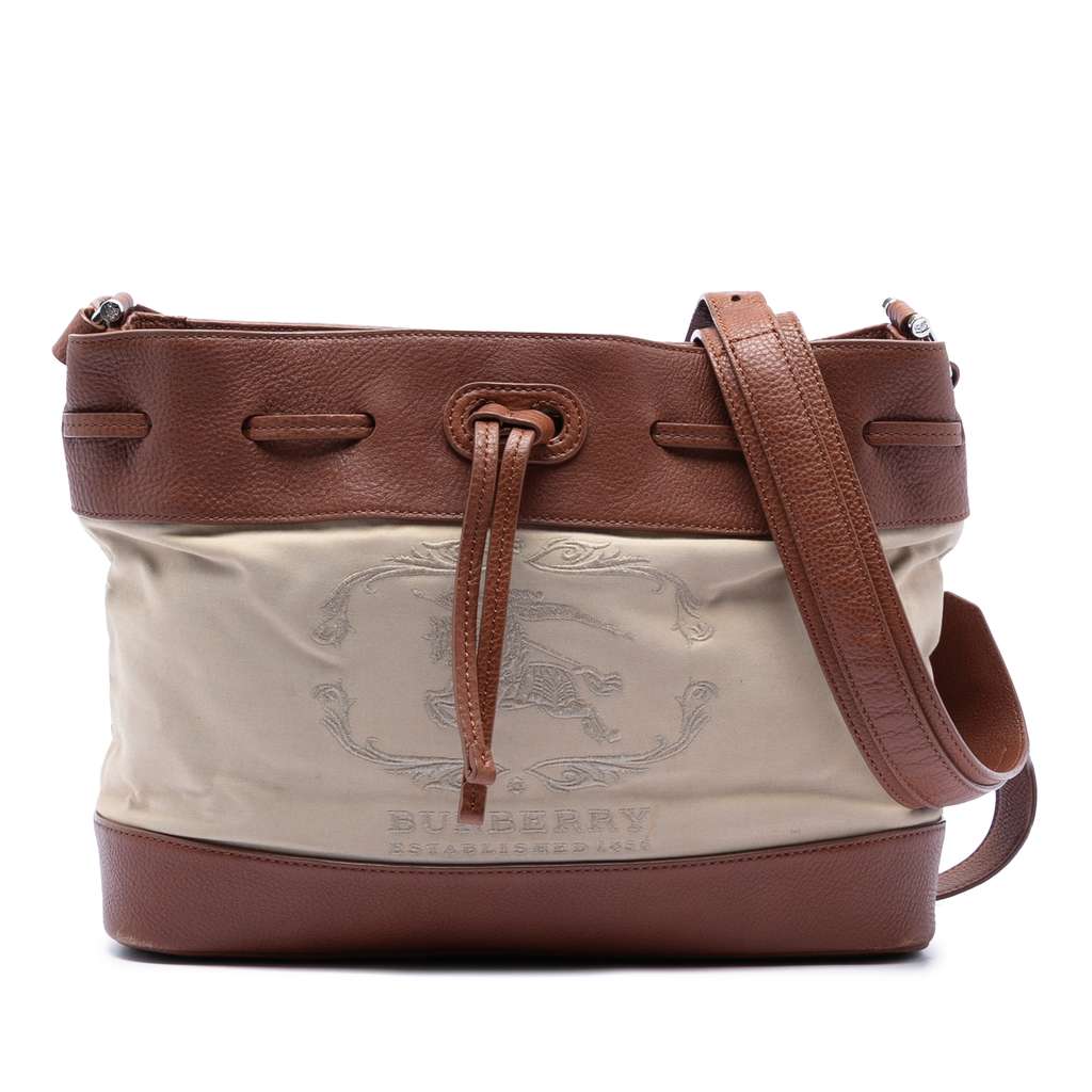 Burberry Leather Trimmed Canvas Drawstring Bucket Bag