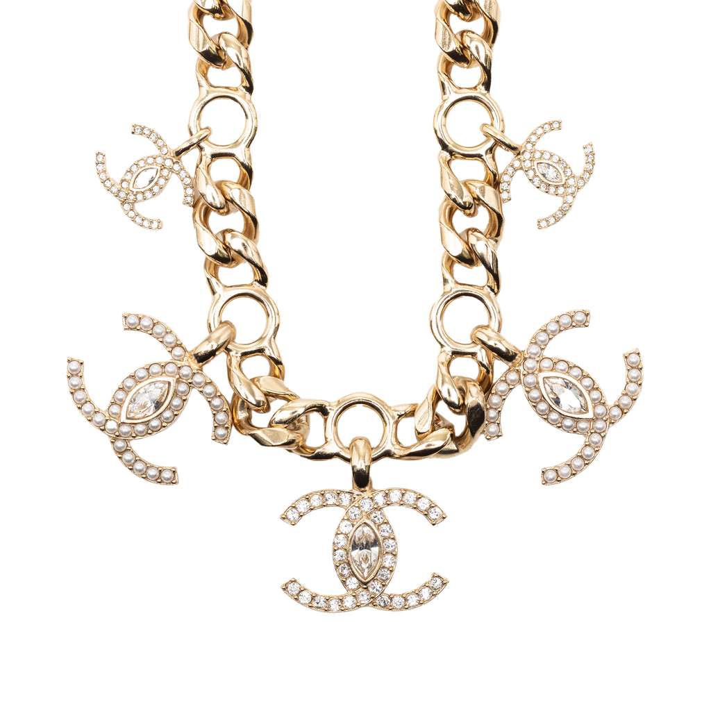 Chanel CC Gold Plated Faux Pearl Crystal Choker Necklace - 2