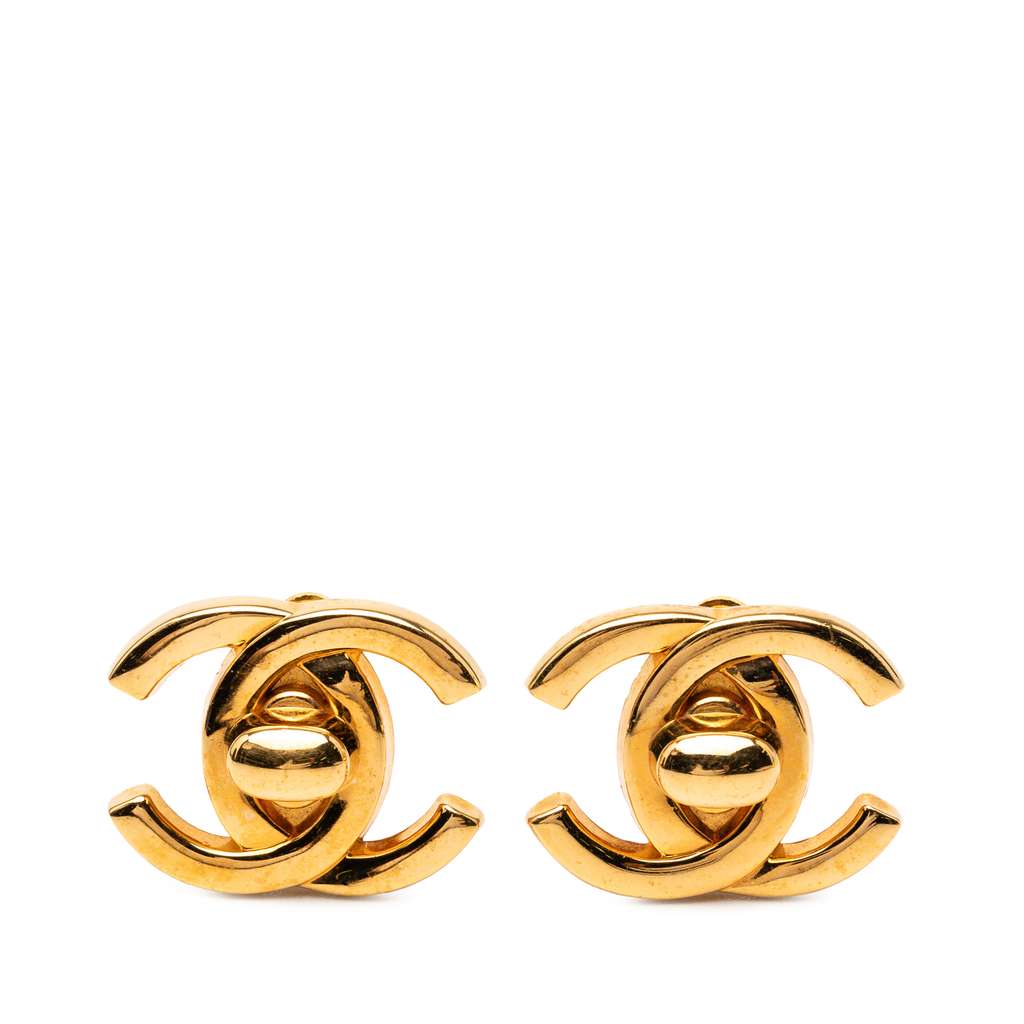 Chanel Gold Plated CC Turn Lock Clip on Earrings