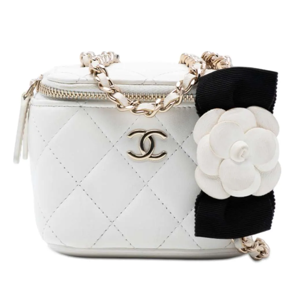 Chanel Mini Quilted Lambskin Camellia Bow Vanity Case with Chain White Leather Very good - Front View