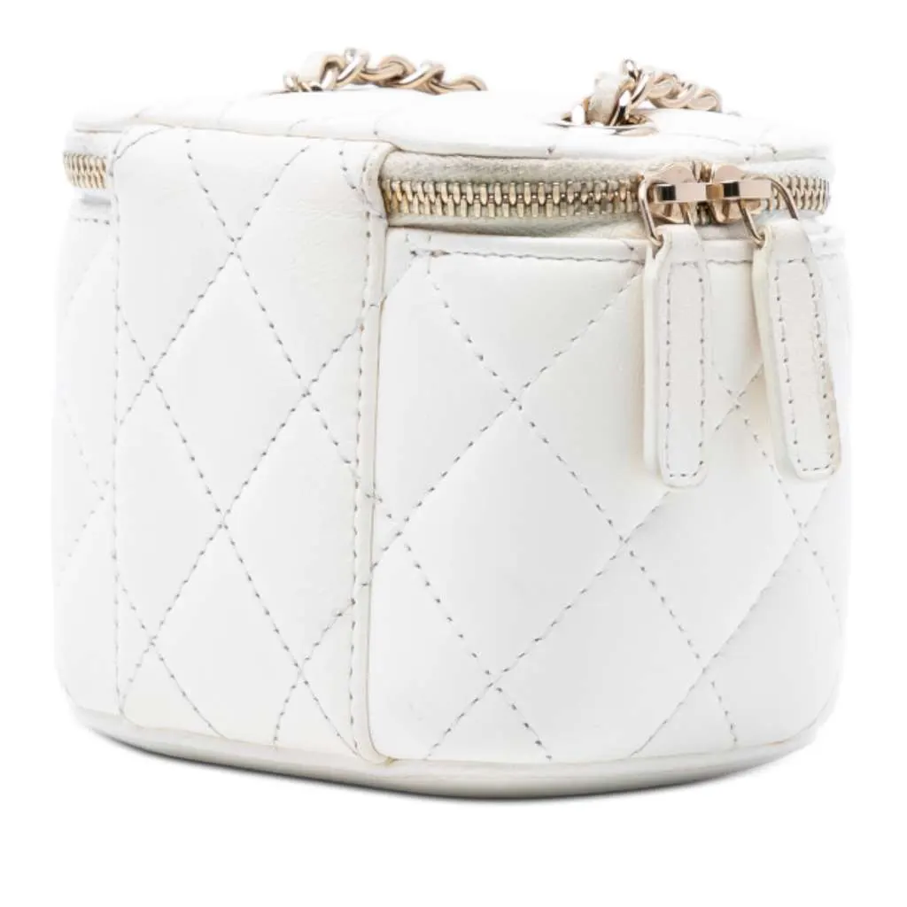 Chanel Mini Quilted Lambskin Camellia Bow Vanity Case with Chain White Leather Very good - Back View