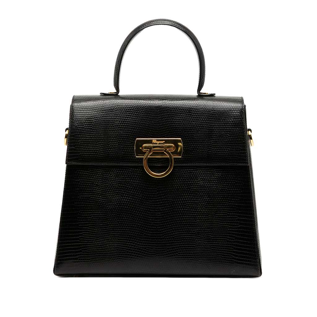 Salvatore Ferragamo Lizard Embossed Leather Gancini Iconic Top Handle Bag