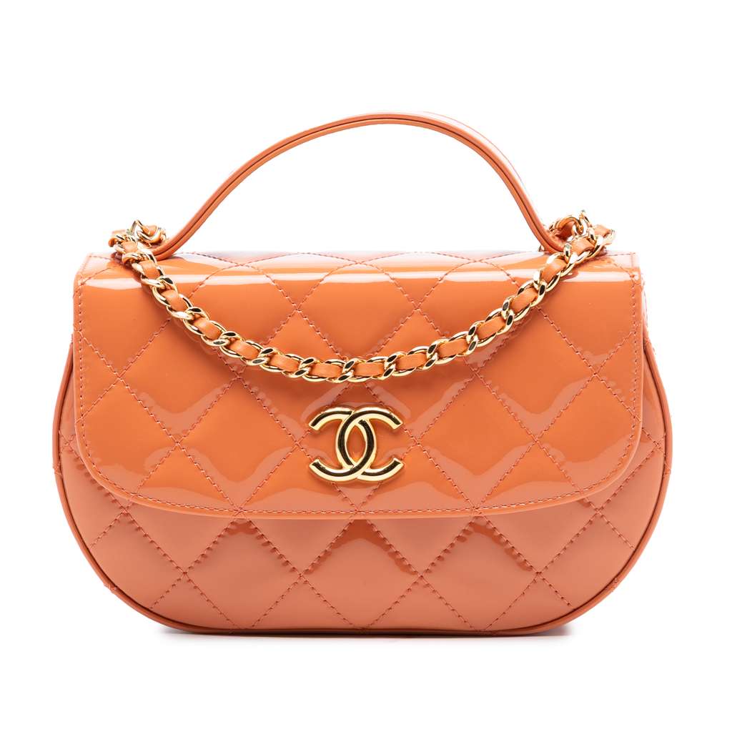 Chanel CC Quilted Patent Top Handle Phone Holder With Chain