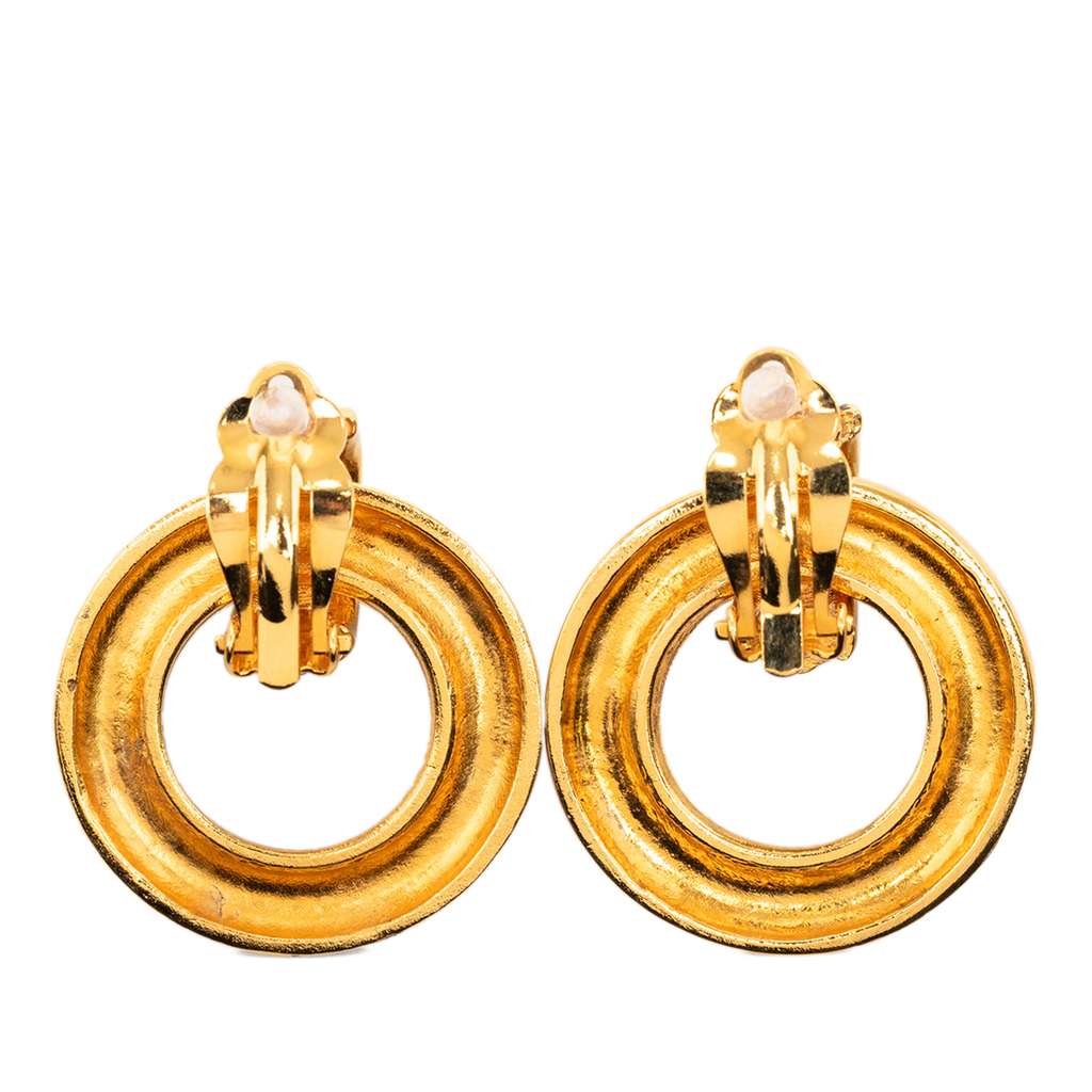 Chanel Gold Plated Drop Hoop Clip On Earrings - 2