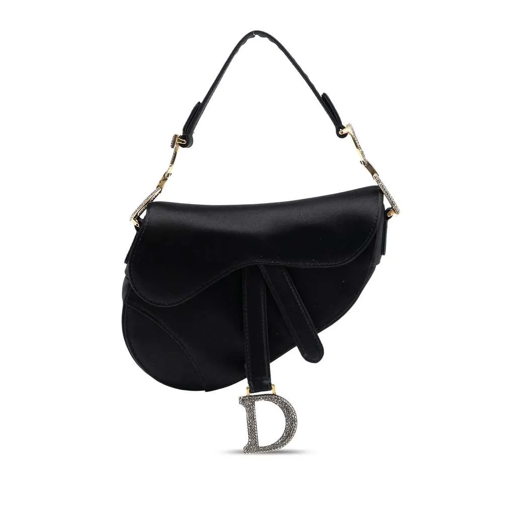 Dior Mini Satin Crystal Embellished Saddle Bag Black Satin Good - Front View