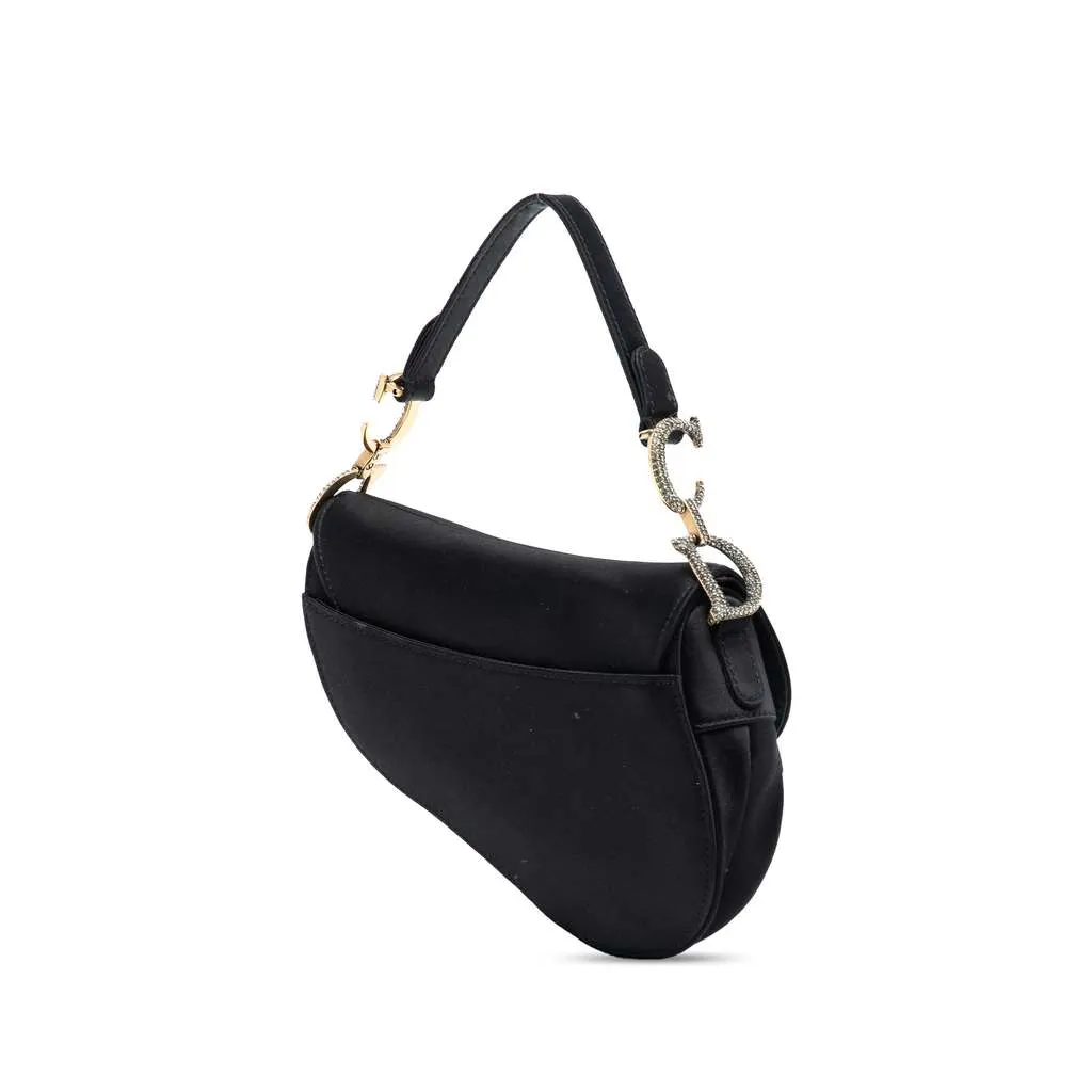 Dior Mini Satin Crystal Embellished Saddle Bag Black Satin Good - Back View