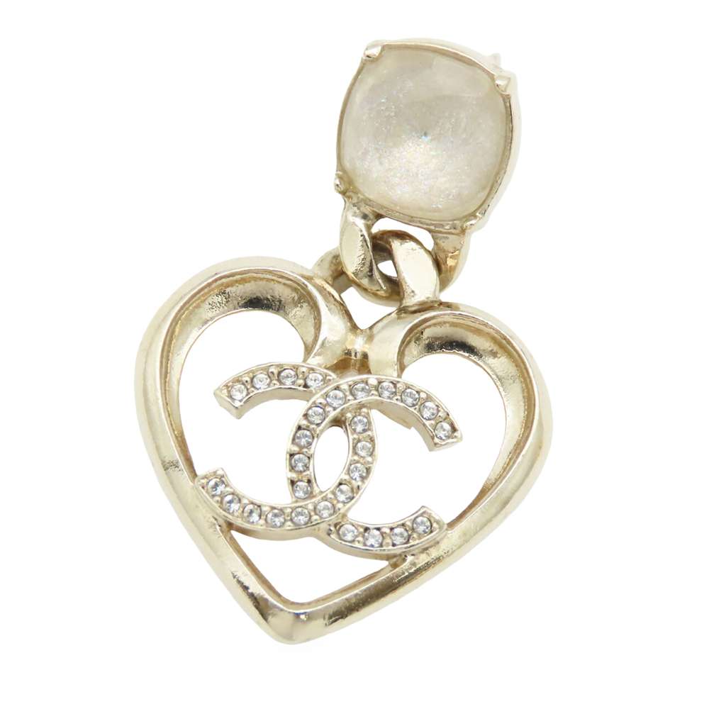 Chanel Gold Plated CC Rhinestone Heart Earrings - 3