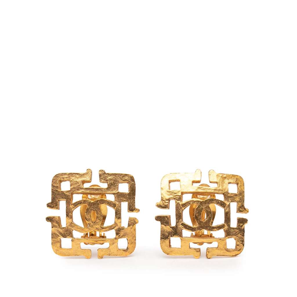 Chanel Gold Plated CC Logo Square Clip on Earrings