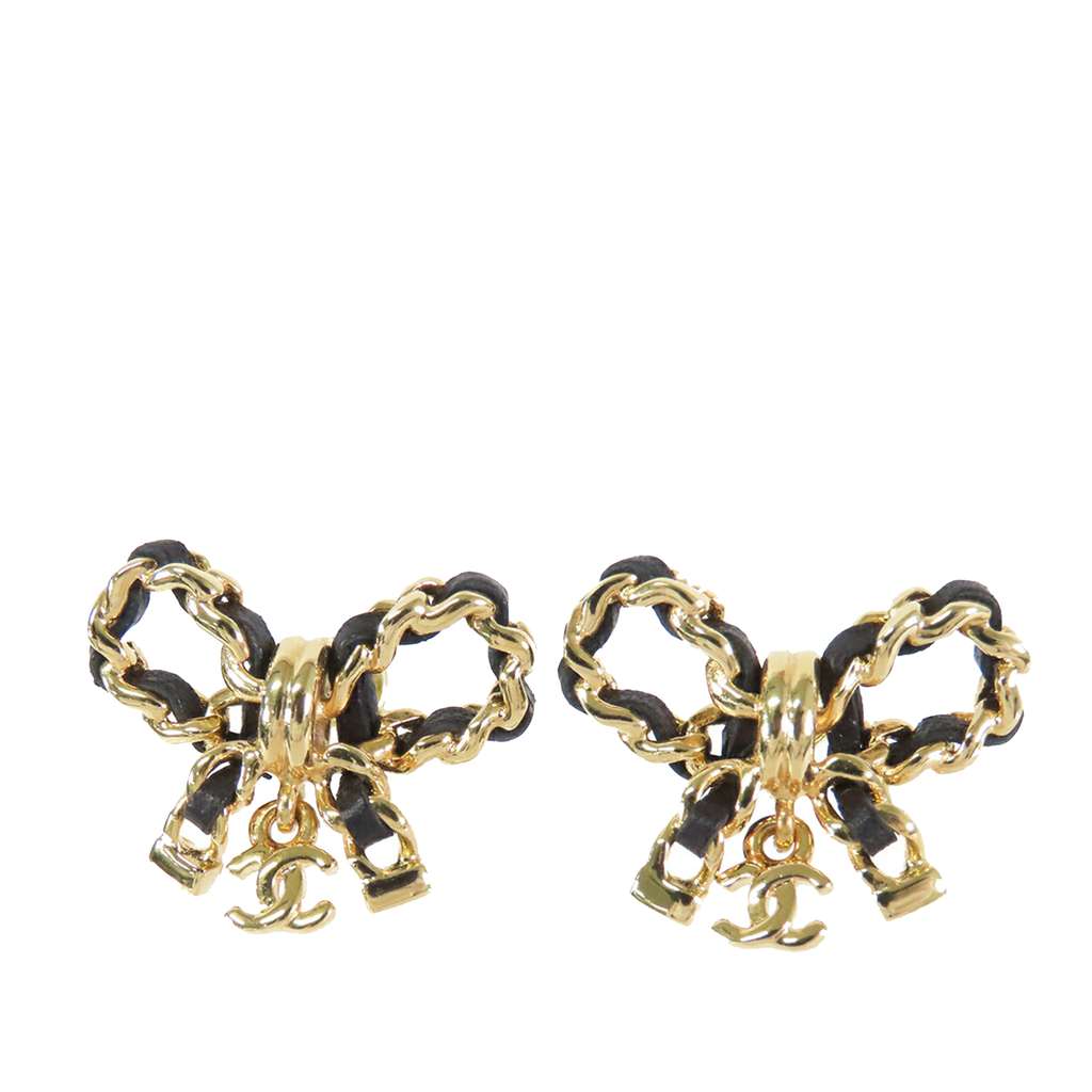 Chanel CC Leather Woven Gold Plated Bow Earrings