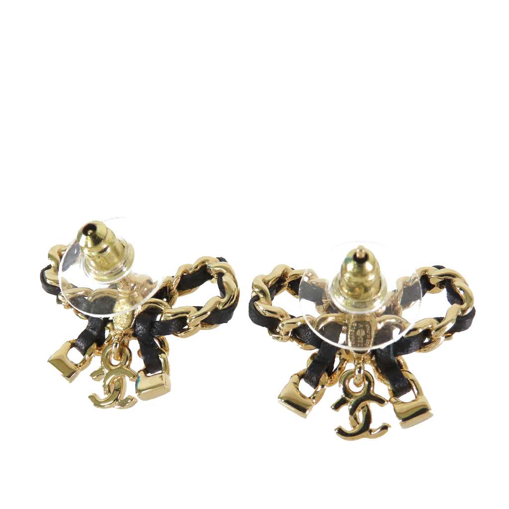Chanel CC Leather Woven Gold Plated Bow Earrings - 2